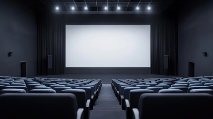 Fototapeta premium Modern and Empty Movie Theater Interior with Blank Screen and Rows of Comfortable Seats