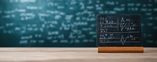 developing countries education concept. A chalkboard with mathematical equations, graphs, and diagrams stands on a wooden surface against a blurred, equation-filled background.