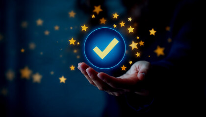 Hand in a suit holding a glowing icon with a checkmark surrounded by stars, representing approval, quality, or verification