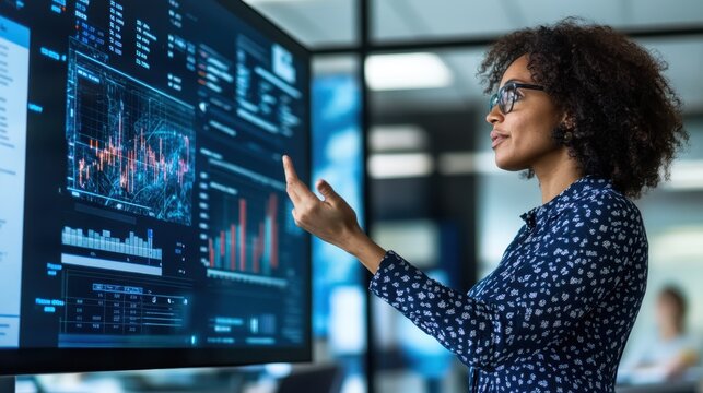Professional Woman Engaging in Hybrid Meeting within Modern Office Environment Using Interactive Technology for Effective Communication and Collaboration