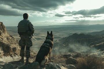 Military soldier and german shepherd showcase unbreakable bond and teamwork in rugged terrain