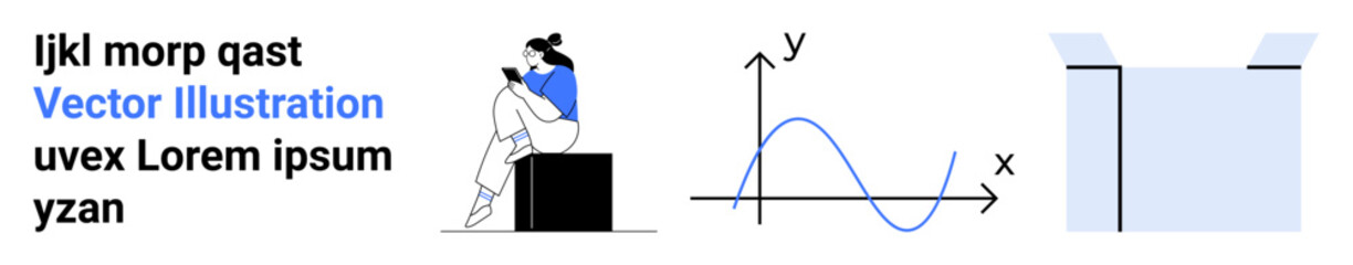 Woman in blue top reading on device while sitting on black box, sine wave graph labeled XY, open light blue box on side. Ideal for technology, education, ecommerce, presentations, infographics, web