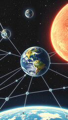 Naklejka premium earth in space and network connection, retro style, with white tones
