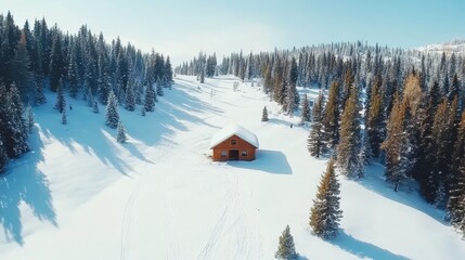 Aerial View of a Snow-Covered Valley with a Lone Cabin Surrounded by Majestic Pine Trees in Winter Wonder