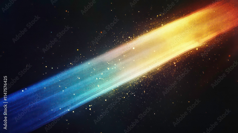 Poster abstract light beam streaks across dark background with glowing particles.