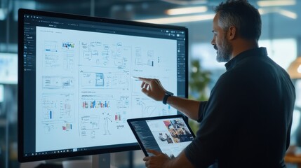 Professional Person Working Collaboratively on Innovative Whiteboard with Digital Device in Modern Office Environment