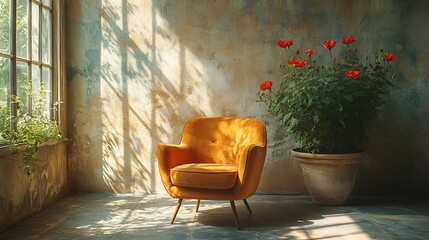 Mustard Yellow Armchair in Sunny Room with Flowers. Concept of Cozy Interior Design.