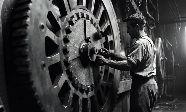 A worker focuses on a large industrial gear in a monochrome setting, showcasing labor.