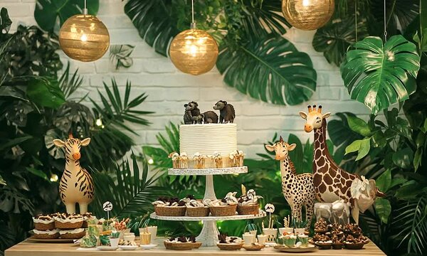 A festive dessert table with a jungle theme featuring animal decorations and a cake.