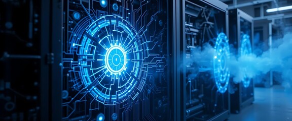 Advanced Servers Running in Data Center with Blue Holographic Interfaces