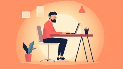 Man Working on a Sleek Portable Monitor While Using a Laptop in a Modern Home Office Environment with Stylish Decor and Green Plants