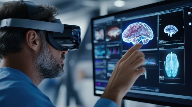 Man Engaged in Virtual Reality Training Using Headset Analyzing Brain Data on Computer Screen in Modern Setting
