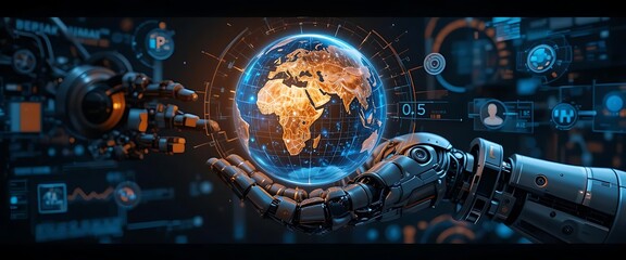 Robotic Hand Holding Globe in Digital Space with Technology Elements