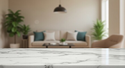 Countertop with blurred background, ideal for interior design visualization and product display