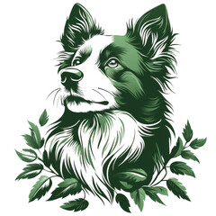 Fototapeta premium Green icon of Collie dog isolated on a transparent background Minimalist flat icon, vector logo style sign clipart on a no background png