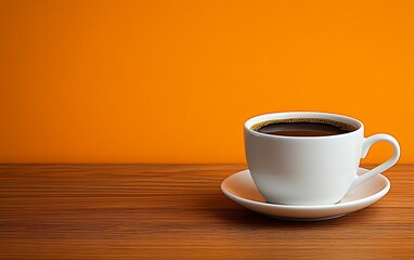 A white cup of black coffee on a wooden table against an orange background.