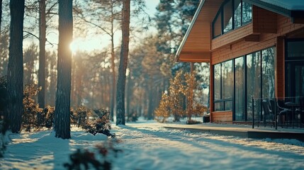 Fototapeta premium stunning winter morning in an energy-efficient modern house: a perfect poster for sustainable architecture enthusiasts surrounded by a snowy forest