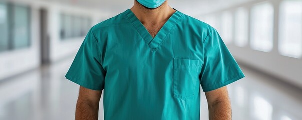 medical challenges awareness concept. A healthcare professional in scrubs and a mask stands in a hospital corridor, emphasizing a clean and sterile medical environment.