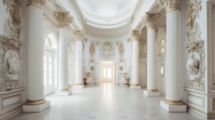Elegant white hall with classical columns, sculptures, and ornate details.