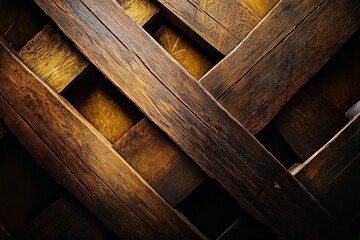 Close up of intersecting wooden beams in a geometric design highlighting craftsmanship and texture