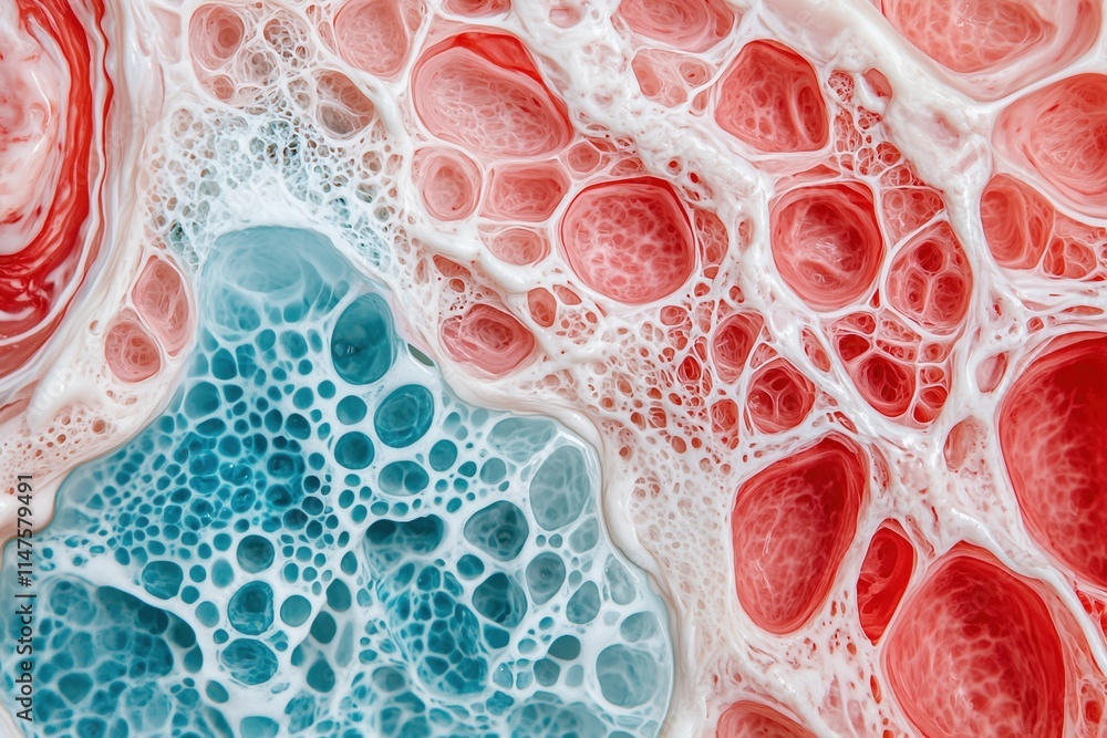 Poster medical challenges awareness concept. an abstract close-up featuring vibrant red and blue bubbles wi