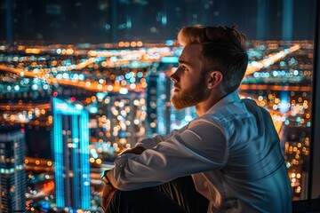 A business professional contemplates ambition against a striking city skyline reflection