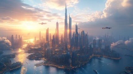 Naklejka premium Futuristic city skyline, sunset, flying vehicles.