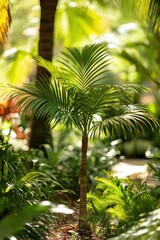 Lush green palm tree in tropical garden.