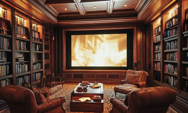 Cozy library with a large screen, inviting relaxation and entertainment.