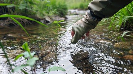 Scientist's gloved hand holding a vial of river water for environmental testing and quality analysis.
