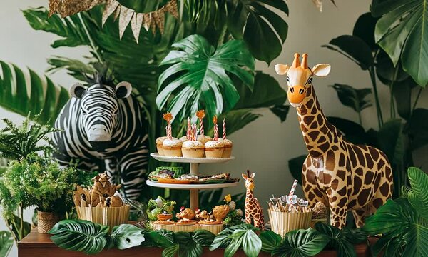 A vibrant jungle-themed dessert table with animal decorations and tropical foliage.
