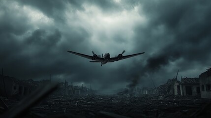 A vintage aircraft flying over a war-torn landscape under ominous storm clouds.