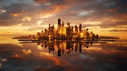Naklejka premium Stunning Floating Cityscape Built on Water with Reflections at Sunset Surrounded by Lilies and Dramatic Sky
