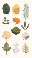 Obraz premium Minimalist botanical illustration featuring varied leaf designs in earthy tones, sustainable aesthetic