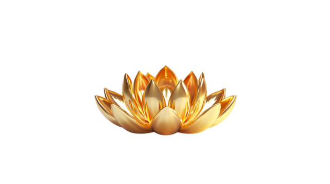 3D rendering of a golden lotus flower, isolated on a white background.