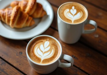 Enjoying freshly brewed coffee with croissants on a rustic wooden table