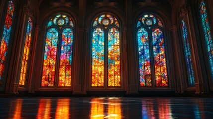 Obraz premium Colorful stained glass windows illuminate dark chapel.