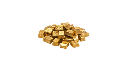 Gold bars stacked in a pyramid shape, isolated on a white background.