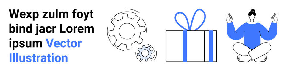 Gears and cogwheels signifying mechanics and teamwork. Gift box tied with ribbon indicates celebration or reward. Person meditating symbolizes relaxation and mental wellness. Ideal for teamwork