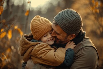 Fototapeta premium Father and son bonding happily in nature sharing quality time.