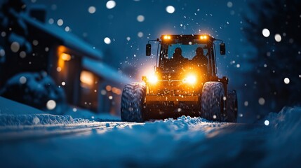 A snow-covered road illuminated by a tractor"s headlights, creating a serene winter night scene with falling snowflakes.