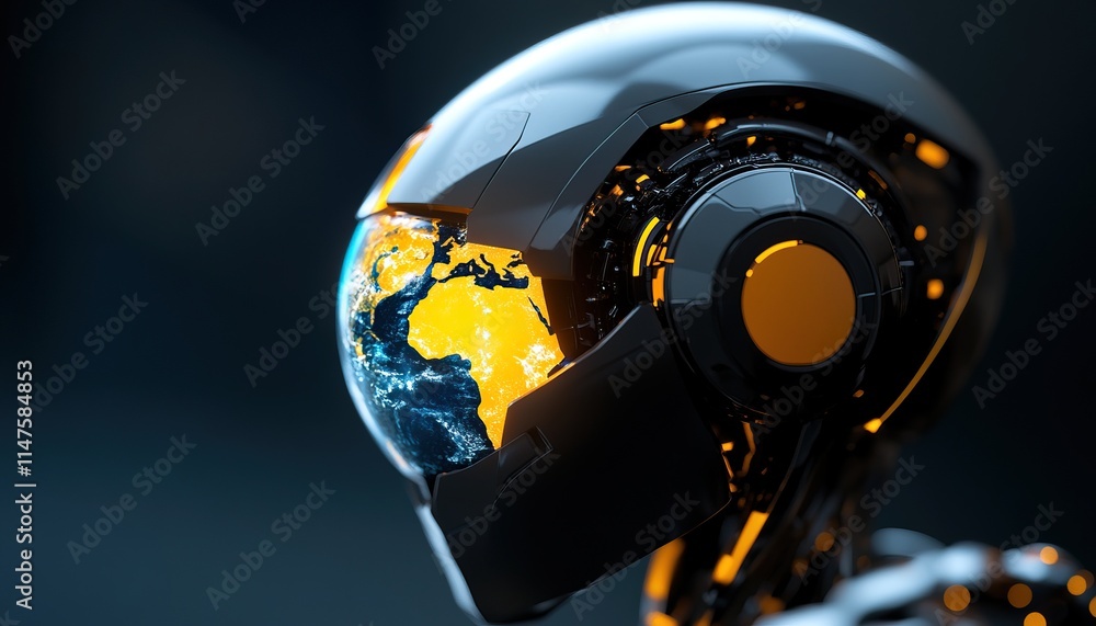 Aufkleber a futuristic robotic head displaying a globe within its visor, symbolizing technology and global con