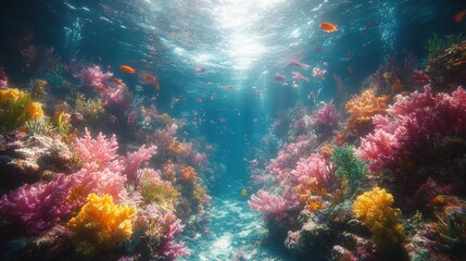 A vibrant underwater scene showcasing colorful coral reefs and fish, highlighting marine biodiversity and ocean beauty.