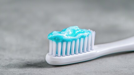 Close-up of a toothbrush with blue toothpaste.