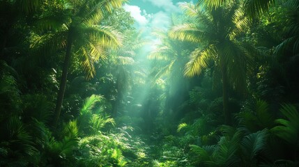 Obraz premium Lush green tropical jungle, sunlight filtering through.
