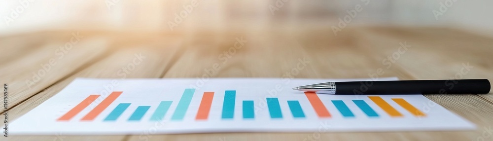 Poster a colorful bar graph on a document next to a pen, displayed on a wooden surface, suggesting data ana