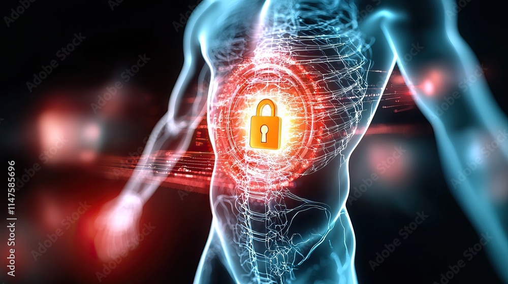 Poster a digital representation of a human figure with a glowing lock symbolizing security and protection a