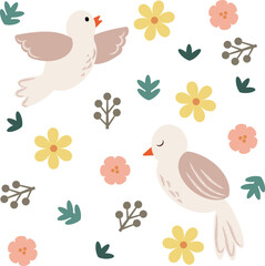 Seamless pattern cute birds, leaves and flower. Vector illustration for fabric, textile, wallpaper. for kids and nursery theme.
