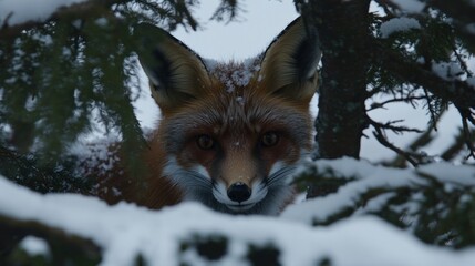 Obraz premium Red fox peering from snowy pine branches.