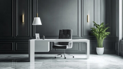 modern luxurious home office with elegant design elements and greenery